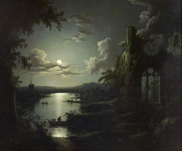 Pether, Sebastian, 1790-1844; Moonlit Lake with a Ruined Gothic Church, a Church and Boatmen